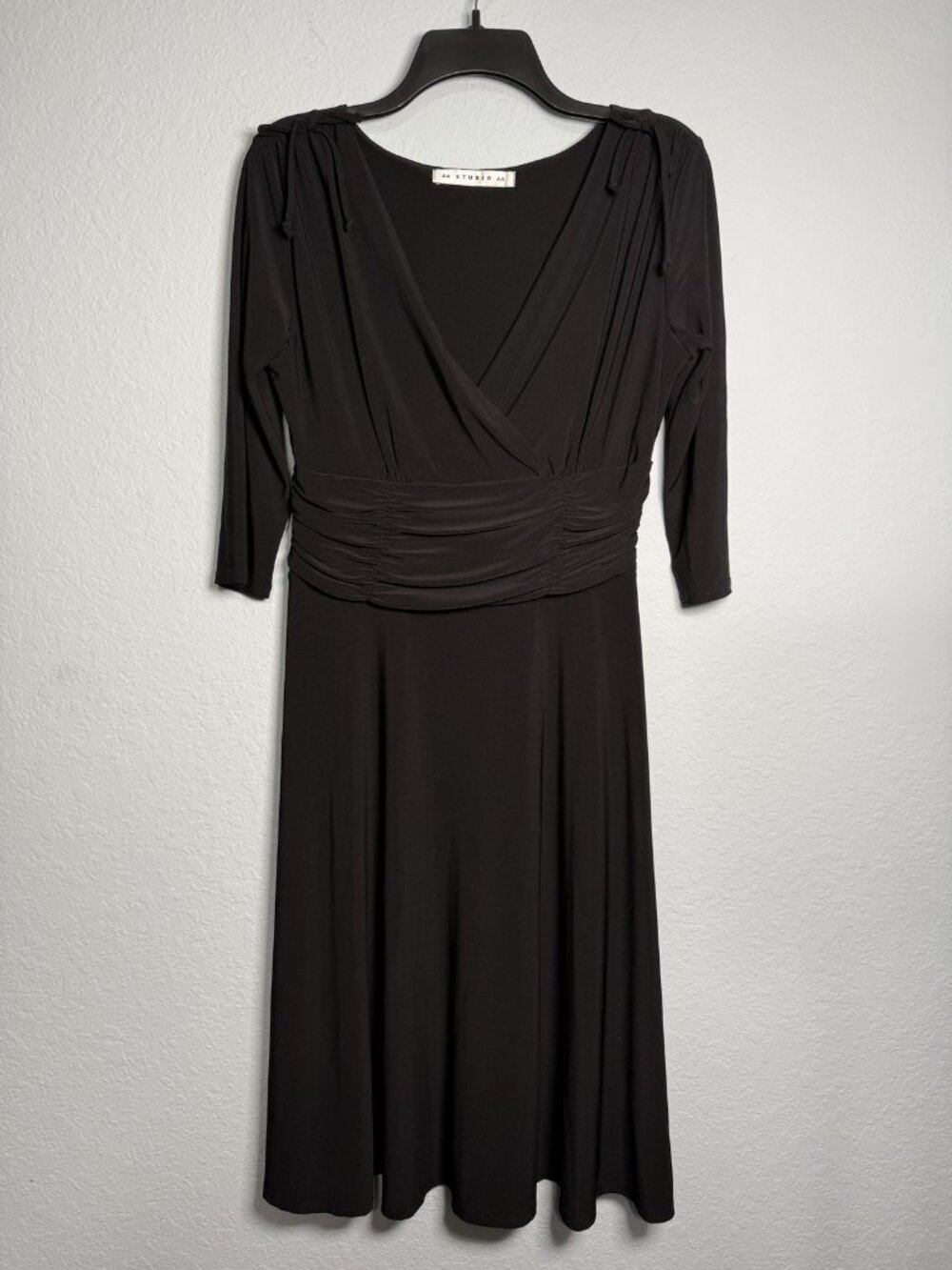 AA Studio Black Cocktail Dress Womens 8 Faux Wrap V Neck Ruched Waist Midi Party